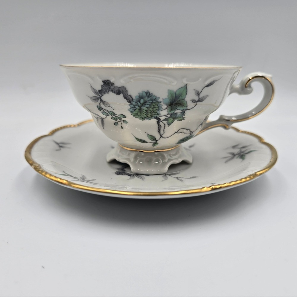 VTG Mitterteich Bavaria Germany Footed Tea Cup and Saucer Set Green Ming Pattern
